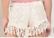 POL Women’s Off White Sequin High-Rise Cut-Off Raw Fringe Jean Shorts S