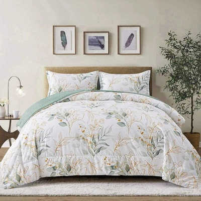 Soft Leaves Comforter Set, Queen/King Size, Plush Quilted Bedding with Pillowcas