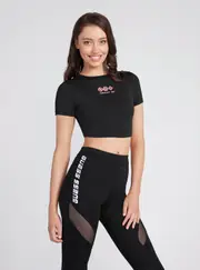 GUESS Women's Black Aggie Active Crop T-Shirt Size: Medium, Elastane