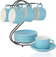 Porcelain Coffee Cups(220ml) with Saucers & Metal Stand, Candiicap Coffee Cups Set for Cappuccino, Latte, Expresso, Americano, Tea (220ml,Matte Blue)