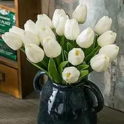 20pcs White Artificial Tulip Flowers, Silk Fake Flowers 13" for Mother's Day, Easter, Valentine’s Day Gifts in Bulk, Home, Kitchen, Wedding Decorations