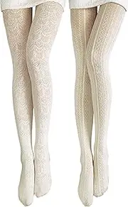 [Jiuguva] 2 Pieces Hollow out Knitted Patterned Stockings Tights Opaque Vertical Strips Pantyhose Cable Knit White Lace Tights Women White Fishnet Stockings, One Size, White, 0
