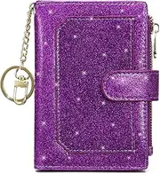 [Leamekor] Womens Wallets RFID Small Compact Bifold Leather Card Holder Zip Pocket, Glitter Purple, Small