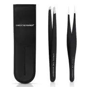 Tweezers Set: Stainless Steel Pointed and Slanted Tweezer for Eyebrows, Facia...