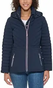 [Tommy Hilfiger] Women's Puffer Lightweight Hooded Stretch Jacket with Drawstring, Navy, Large