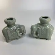 Pair Vintage Celadon Green Ceramic Asian Elephant Candle Holder Mirror Image IOB