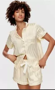 Peter Alexander Yellow Lemon Butter Stripe Satin Shortie Pj Set + Box Size Large