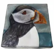 Handpainted Handmade Square Puffin Capiz Shell Box 4"