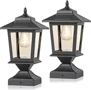 Solar Post Cap Lights,Waterproof Solar Outdoor Light for 4x4 Wooden Posts, Solar Lights with Glass Shade for Deck Fence Patio Post Decor,Matte Black (2 Pack)
