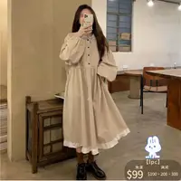 在飛比找蝦皮商城精選優惠-LightWind｜韓版長袖洋裝女 杏色減齡洋裝 新款小個子