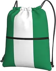 EdWal Flag Of Nigeria Print Drawstring Backpack Gym Bags Sports Bags With Zipper Pocket For Travel Beach, Black, One Size