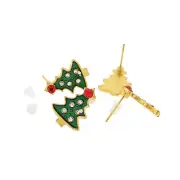 Gold Tone Stud Earrings - Enamel Christmas Tree - 18mm - 2 Pieces 1 Pair - ER514