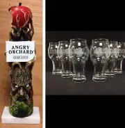 Angry Orchard Hard Apple Cider Tap Handle 11" & Six 6 Angry Apple Glasses NEW FS