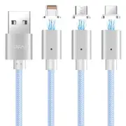 P13 1m 2A Magnetic 8 Pin + Micro USB + USB-C / Type-C to USB Weave Style Data Sync Charging Cable with LED Light