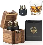 Don Vassie XL Whisky Bullet Chillers 6 pcs Golden with a Revolver Base and a Wooden Box