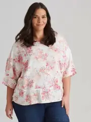 BNWT Size 20 AUTOGRAPH Linen Blend Dolman Sleeve Top Pink Paradise Floral