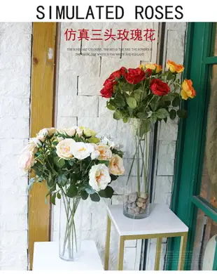 Lmdec 仿真三頭玫瑰花假花客廳餐桌裝飾插花束家居擺設絹花藝