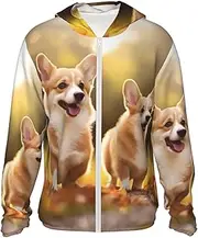 [BWLHJKE] Men's Sun Shirts UPF 50+ Cute Corgi Dog Sun Protection Hoodie Lightweight Long Sleeve Rash Guard