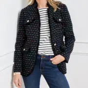 Talbots Rainbow Tweed Jacket Blazer Size 14 Gold Buttons Navy Blue Old Money
