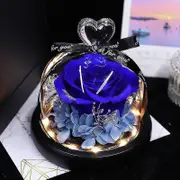 Preserved Flower Rose In Glass Dome With Lights Eternal Rose Gift For Valentine's Day Christmas Blue