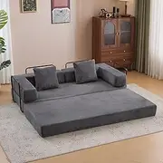 Convertible Sleeper Sofa Bed with Cylindrical Pillow, Corduroy Folding Mattress Couch with Fixed-Shape Frame, No Assembly Required, for Living Room Bedroom Lounge Studio (Dark Grey)