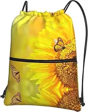 EdWal Sunflower Butterfly Sunny Print Drawstring Backpack Gym Bags Sports Bags With Zipper Pocket For Travel Beach, Black, One Size