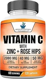 Vitamin C 2000mg with Zinc 40mg Per Serving and Rose Hips Extract, Immune Support for Adults Kids, Immune Booster, Vegan Non GMO, No Filler, No Stearate, 120 Vegan Capsules, 60 Day Supply