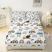 Cartoon Excavator Sheet Set - Queen Size Rainbow Construction Vehicle Bed Sheets - Fitted & Flat Sheets 4 Piece