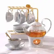 21 pcs Porcelain Gray Tea Set Glass Teapot Cups Saucers Spoons Shelf & Warmer
