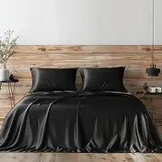 Candoury Satin Sheets Queen Bed Set 4 Pcs, Soft and Durable Pillowcase, Flat Sheet and Fitted Sheet, Hotel Luxury Silky Satin Sheets Set(Queen, Black)