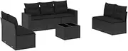 [vidaXL] Garden Sofa Set with Cushions - Modular 8 Piece Black Poly Rattan Patio/Lounge/Outdoor Furniture - Removable Covers and Glass Tabletop