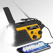 Rychi Emergency Crank Radio, AM/FM NOAA Portable Weather Radio, 6000mAh Emergency Power, 4 Built-in Cables (Micro, USB-C, Lightning, USB input), 1W LED Flashlight, Reading Lamp, SOS Alarm, Orange