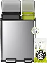 EKO EcoCasa Stainless Steel Dual Step Trash Can for Recycling, 30L+20L Rectangular Kitchen Trash Can, Independent Pedals and Lids, Soft Close and Fingerprint Resistant