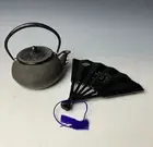 Japanese Cast Iron Tea Pot Nanbu Tetsubin Enameled Black with Fan-Shaped iron