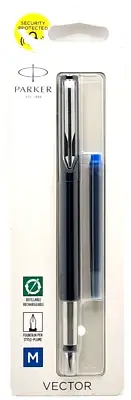 Parker Vector Black Fountain Pen In Medium Nib Size Refillable Blue Ink