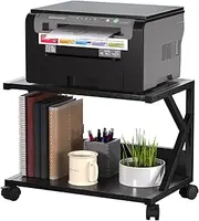 2 Tier Desktop Printer Stand, Under Desk Printer Table, Multi-Purpose Desktop Storage and Organize, Wood Printer Stand with Wheels for Home Office Scanner Fax Machine Folders Microwave Oven (Black)