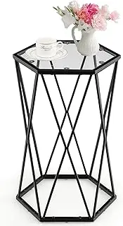 Giantex Compact Coffee Table, Hexagonal Side Table w/Tempered Glass Top & Metal Frame, Small Accent Table, Narrow End Table, Bedside Table, Modern Style Side Table for Living Room, Balcony, Bedroom