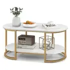 Faux Marble Coffee Table with Wide Tabletop & Open Shelf for Living Room and