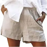 [Lmdudan] Plus Size Shorts for Women Cotton Linen Lounge Shorts Fashion Solid Elastic Waist Straight Leg Shorts with Pockets
