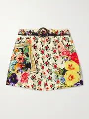 [Camilla] Camilla - Belted Printed Linen And Silk-blend Shorts - Multi - small small Multi