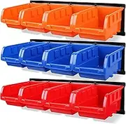 HORUSDY 12Pc Wall Mount Bins Set, with 3 Steel Rails, Parts Storage Tool Organizer Rack 12 Plastic Box, For Garage Workshop and Etc.