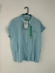 ORVIS Women’s Cap Sleeve Button Up Linen Blend Blouse Top Shirt Size XL Blue NEW