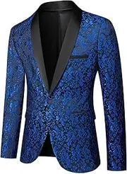 [DGHM-JLMY] Men Slim Fit Shawl Lapel Blazer Coat Regular Fit Suit Floral Blazer Jacket Business Jacquard Tuxedo Party Dinner, Blue 7, Small