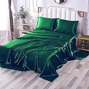 Sfoothome Satin Queen Bed Sheet Set - 4 Pieces Dark Green Silky Smooth Satin 14" Deep Pocket Fitted Sheet, Flat Sheet, 2 Pillow Cases (Emerald Green, Queen)