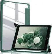 Witzon for iPad Case 10.2 Inch iPad 9th 8th 7th Generation Cover with Pencil Holder, Transparent Back Shell Slim Stand Shockproof Protective Case for Apple iPad 9th Gen, Auto Wake/Sleep, Pine Green