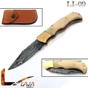 Camel Bone 6.5'' Damascus Steel Brass Bloster Folding Knife Back Lock LI-09