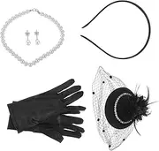 [Ipetboom] 1 Set Retro Pearl Fascinator Hat for Women Elegant Tea Party Headwear with Necklace and Gloves for Weddings and Special Occasions