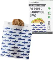 Lunchskins Recyclable & Sealable Food Storage Sandwich Bags, Shark Design, 50 Ba