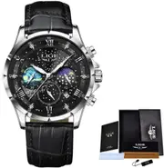 LIGE 2023 Top Luxury Brand Men Genuine Leather Sports Watches Men's Army Military Watch Male Date Quartz Clock Relogio Masculino (Black)
