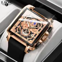 在飛比找蝦皮商城精選優惠-Lige 新款男士手錶豪華鏤空方形運動手錶男士時尚矽膠錶帶防